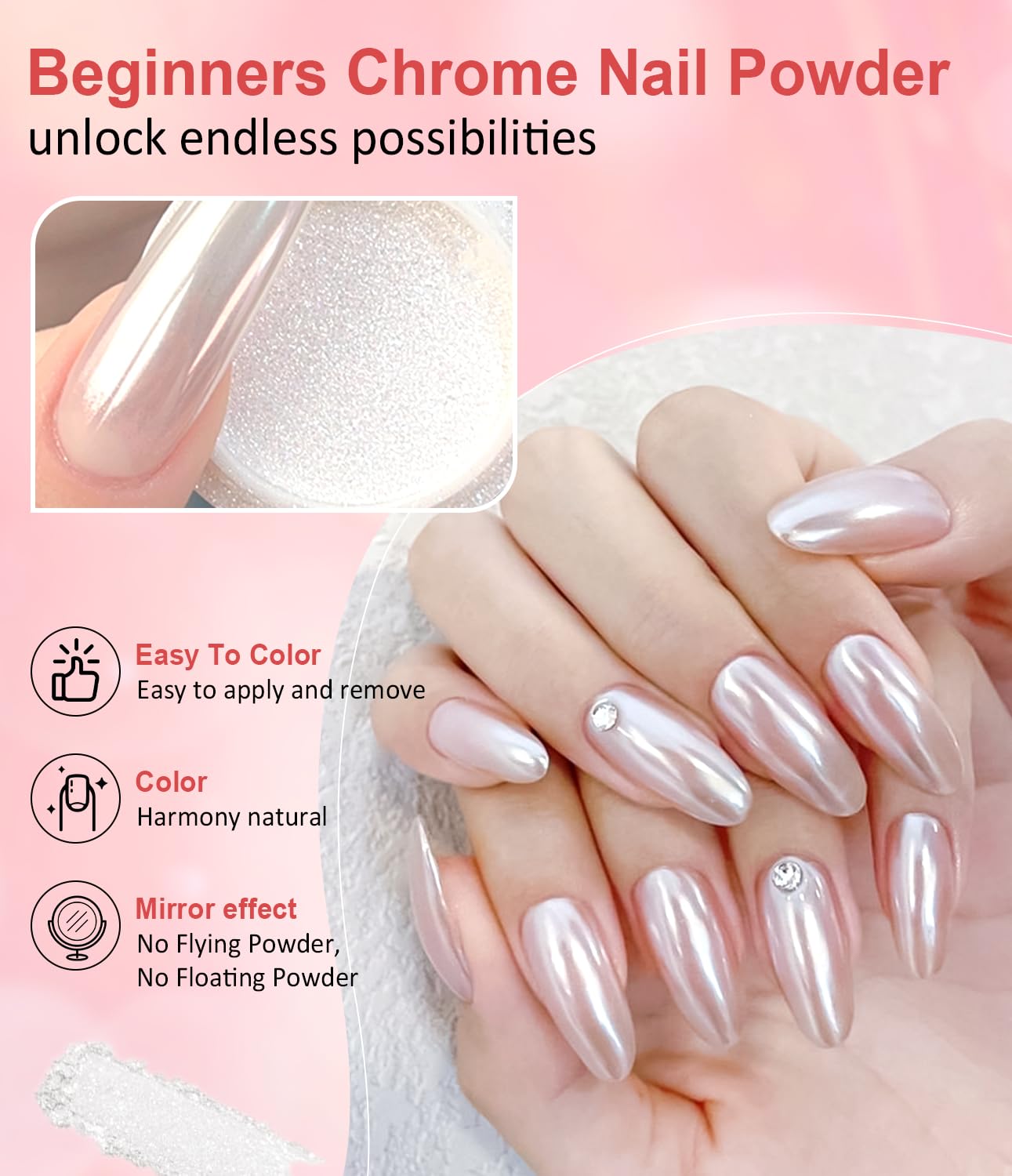 Pearl Chrome Nail Powder BISHENGYF -【Mirror Shinny Effect】 Magic Mirror Silver Chrome Nail Powder Aurora Mermaid Iridescent White Pearl Clear Nail Chrome Powder Pigment Glitter Dust for Manicure DIY