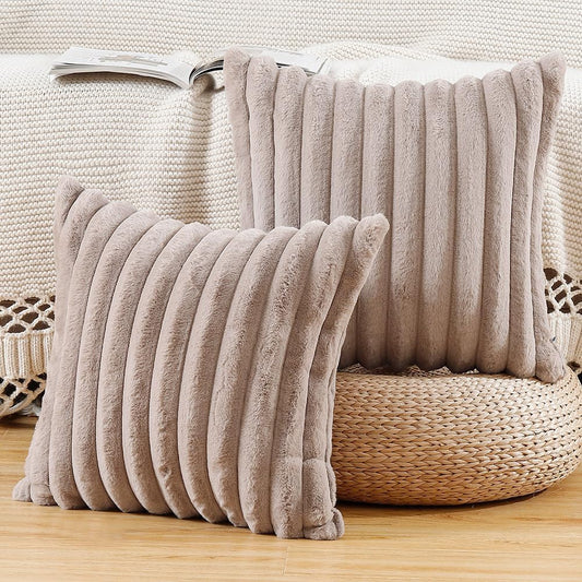 MADIZZ Set of 2 Faux Wool Plush Decorative Throw Pillow Covers 22x22 Inch Taupe Fluffy Striped Soft Decorative Cushion Cover for Sofa Bedroom Pillow Shell