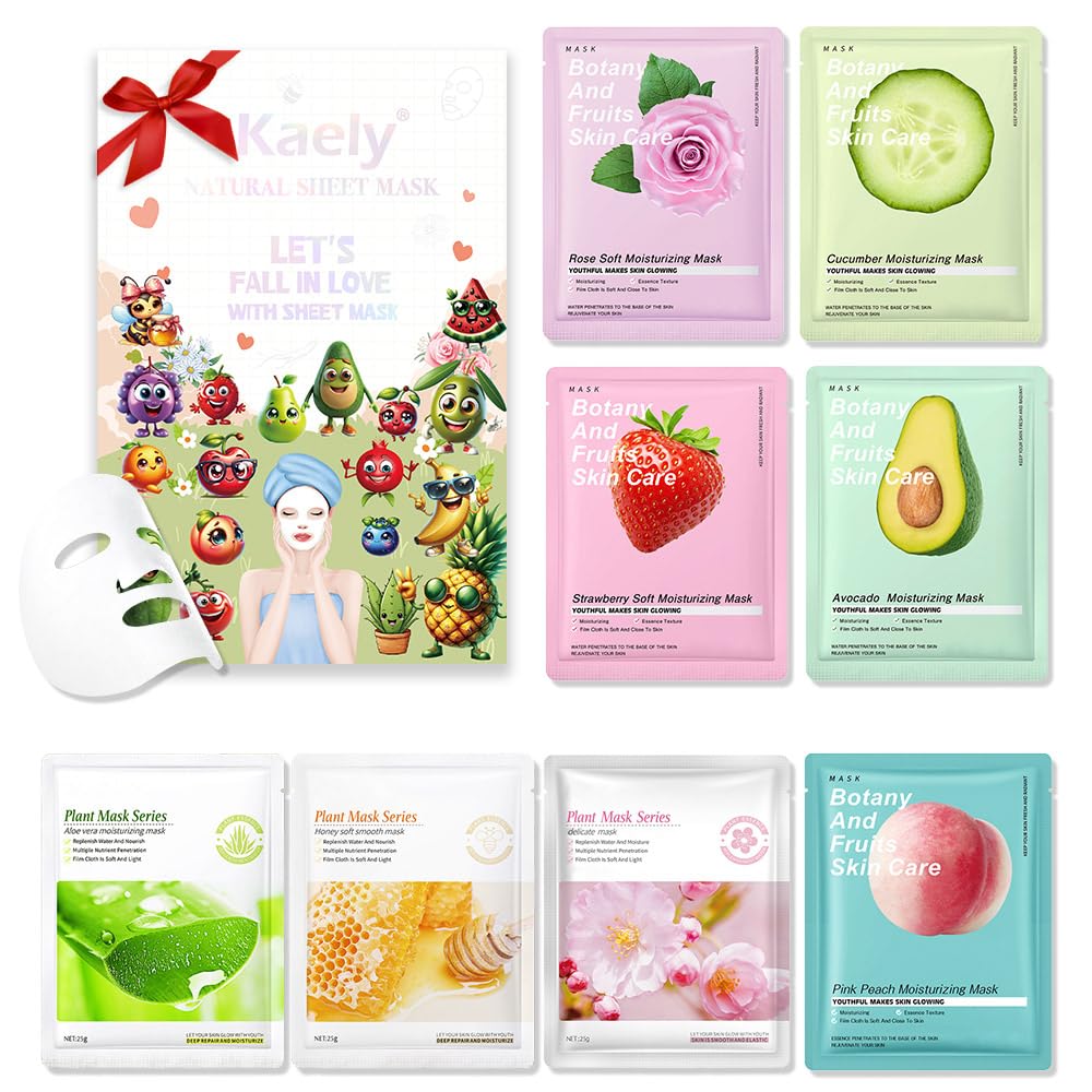 8 Pack Plants Fruits Face Sheet Mask Skincare,Hydrating Face Mask For Sensitive Skin,Moisturize,Soothing,Nourish for All Skin Types,Natural Spa Party Facial Mask Skincare Set for Women Men Girls