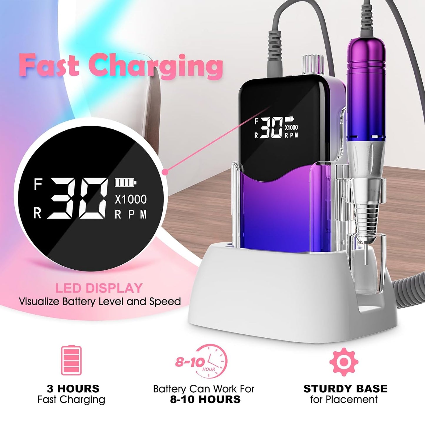 CIVPOWER Nail Drill Professional: 35000RPM Electric Nail File - Portable Rechargeable LED Display Nail Tool Kit- Manicure Pedicure Salon Home DIY (Blue Purple)