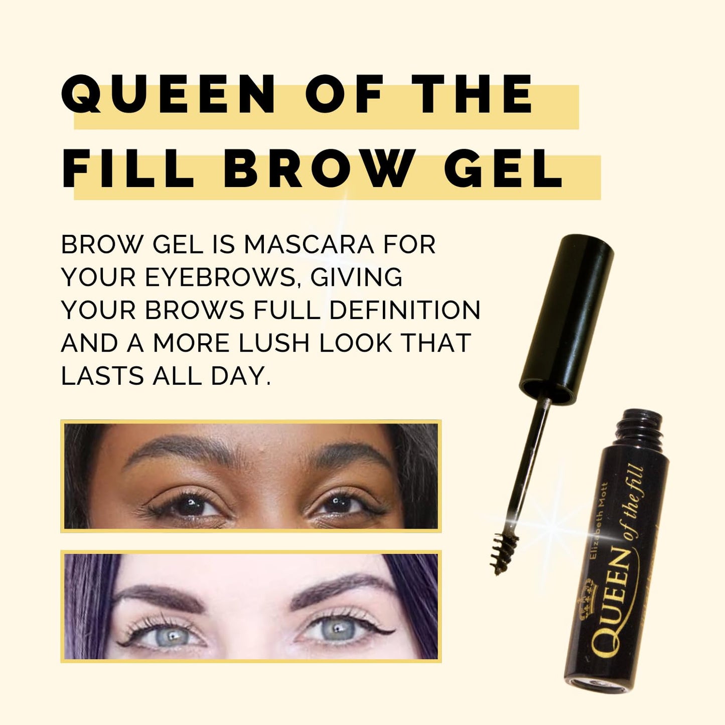 Elizabeth Mott Eyebrow Gel - Queen of the Fill Tinted Brow Filler, Volumizer & Setter - Defines, Shapes & Covers Grays - Water-Resistant, Long-Lasting, Smudge-Proof - Cruelty-Free, Black Shade, 4g