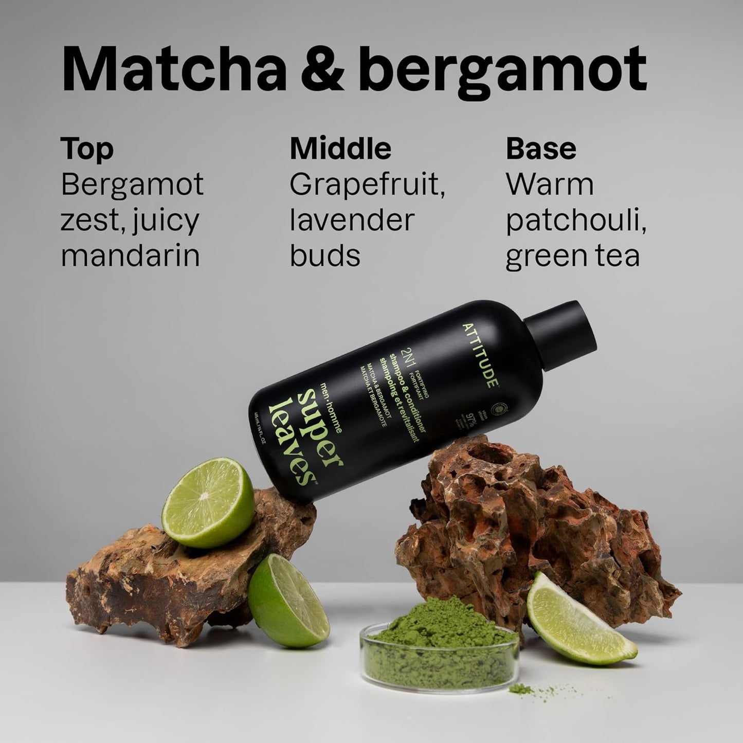 ATTITUDE Men's Shampoo and Conditioner 2-in-1, Fortifying For Fragile Hair, With Caffeine and Green Tea, 97% Natural Origin Ingredients, EWG Verified, Matcha & Bergamot, 14 Fl Oz