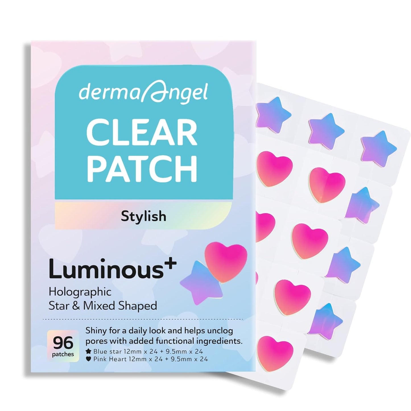 Star Pimple Patches for Face, Cute Acne Patches with Salicylic Acid, CICA & Tea Tree Oil, 96 Holographic Star Moon Heart Butterfly Patches, 7X Absorbency Pimple Patches for Teens (2 Designs, 36 Each)