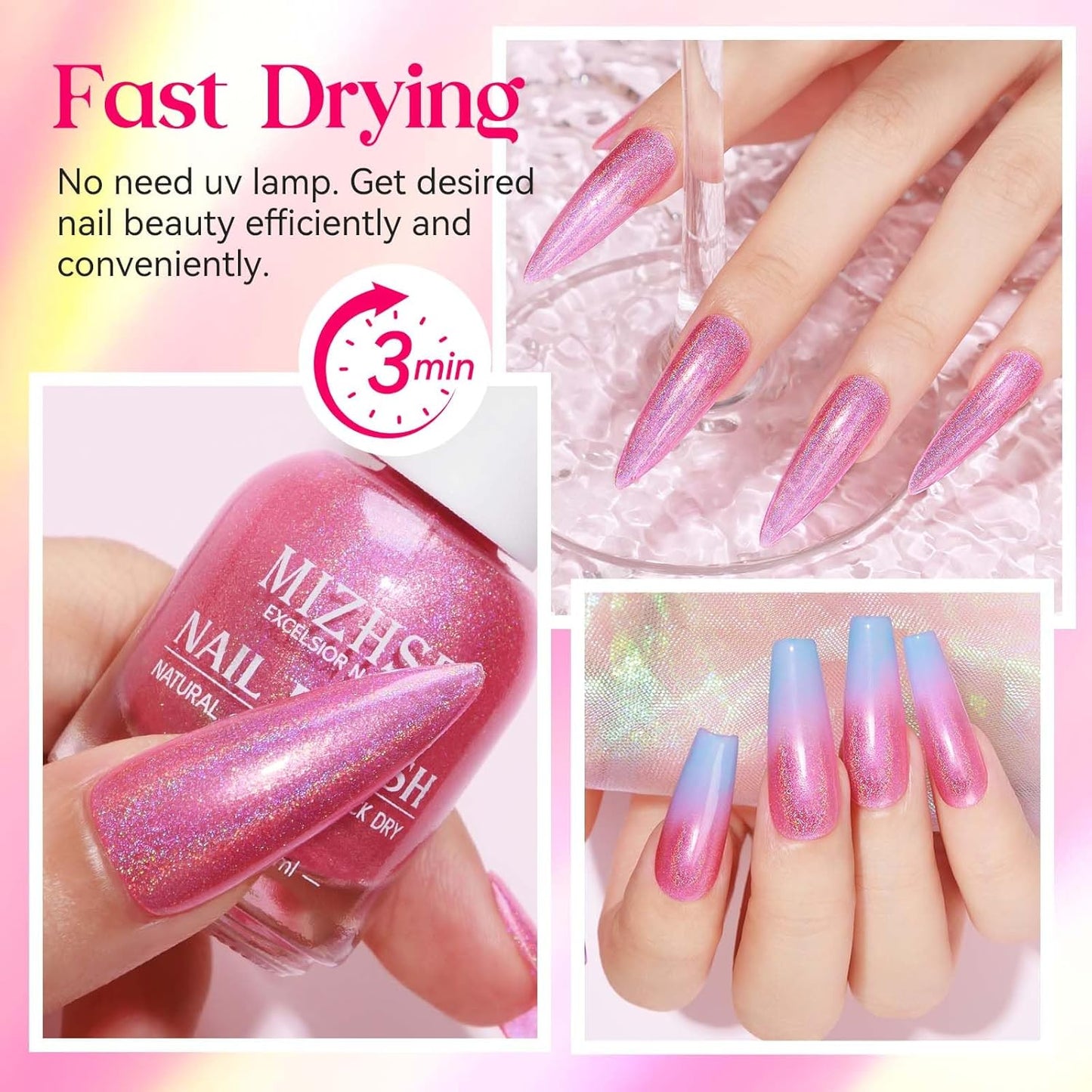 MIZHSE Holographic Nail Polish, Pink Glitter Nail Polish Air Dry Fast, 15 ml High Glossy Shimmer Nail Pigment Oil-based Laser Iridescent Nail Lacquer Chrome Halo Nail Art Salon Manicure Home