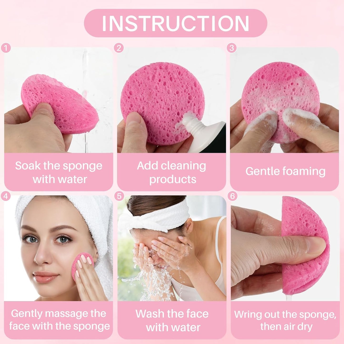 50-Count Compressed Facial Sponges,100% Natural Cellulose Cosmetic Make Up Sponges for Face Daily Facial Cleansing,Exfoliating,Makeup Removal(Pink)