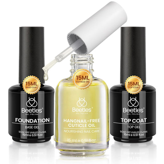 Beetles Gel Top Coat Base Coat Cuticle Oil Set, 3Pcs 15ml No Wipe Top Coat Gel Nail Polish Glossy Shine Long Lasting Cuticle Protectors Kit Oil Care for Dry Damaged Cuticles Gift for Women
