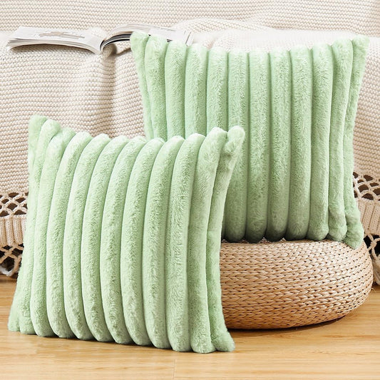 MADIZZ Set of 2 Faux Wool Plush Decorative Throw Pillow Covers 22x22 Inch Light Green Fluffy Striped Soft Decorative Cushion Cover for Sofa Bedroom Pillow Shell