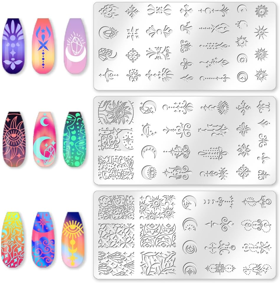 3Pcs Moon Nail Stamping Plate Set Star Sun Meteors Bohemia Stainless Steel Nail Stamp Templates Clear Silicone Nails Stamping with Stamper Scraper for Manicure Printing