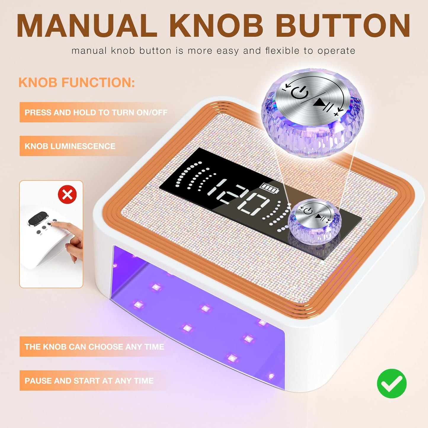268W Cordless UV Nail Lamp, Rechargeable UV Light for Gel Nails with Unique Knob, Sparkling Rhinestones Diamond & LCD Display Screen, Professional Nail Dryer for Nail Salon & Home (White)