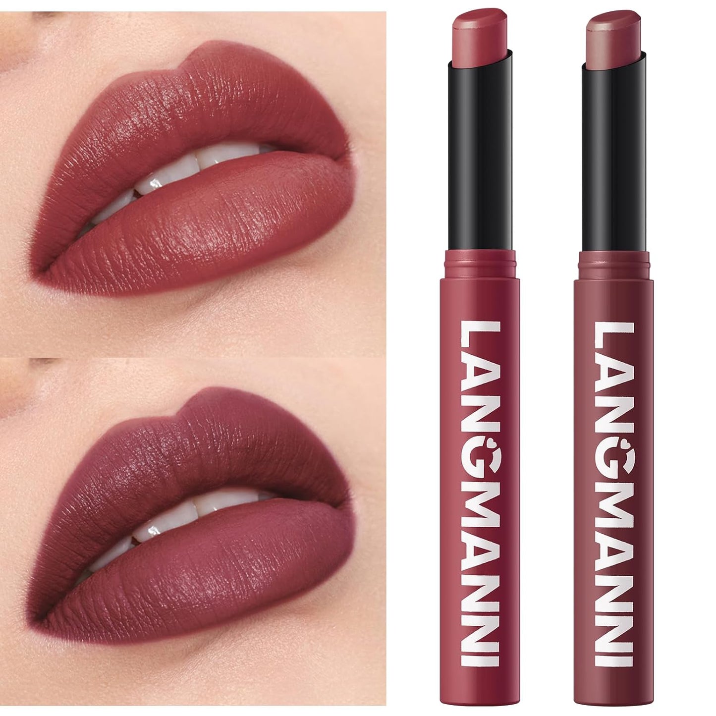 Jolilab 2Pcs Velvet Matte Lipstick Nude Matte Soft Dark Color Stick High Pigmented Long-Lasting Waterproof Lip Stick Lip Balm Beauty Cosmetics Gift for Girls and Women（11#+12#