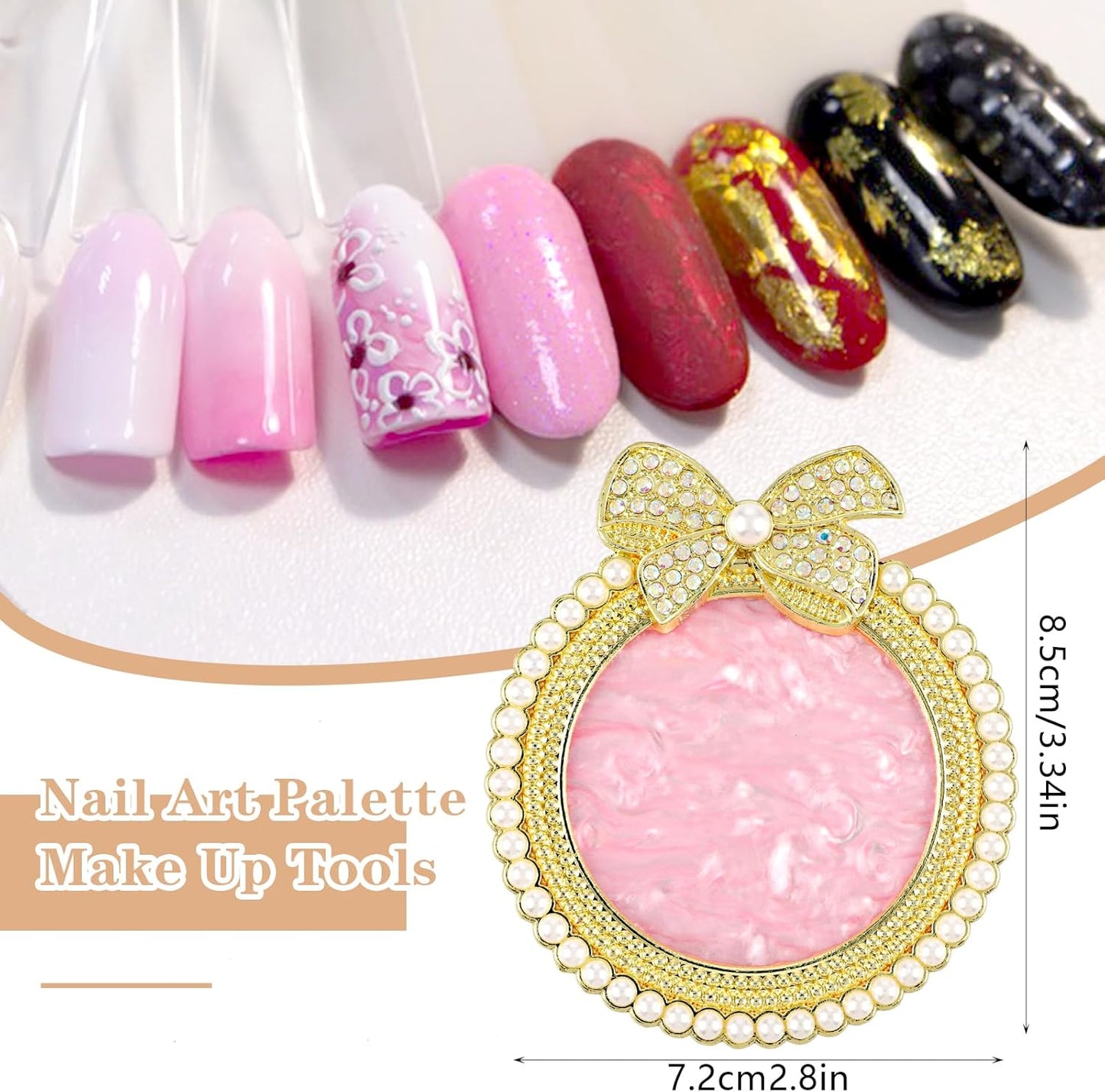 Resin Nail Art Palette, Nail Art Painting Mixed Color Palette Bow Decorated Nail Art Display Board with Pearls Nail Art Supplies Makeup Foundation Mixing Palette Manicure Tool