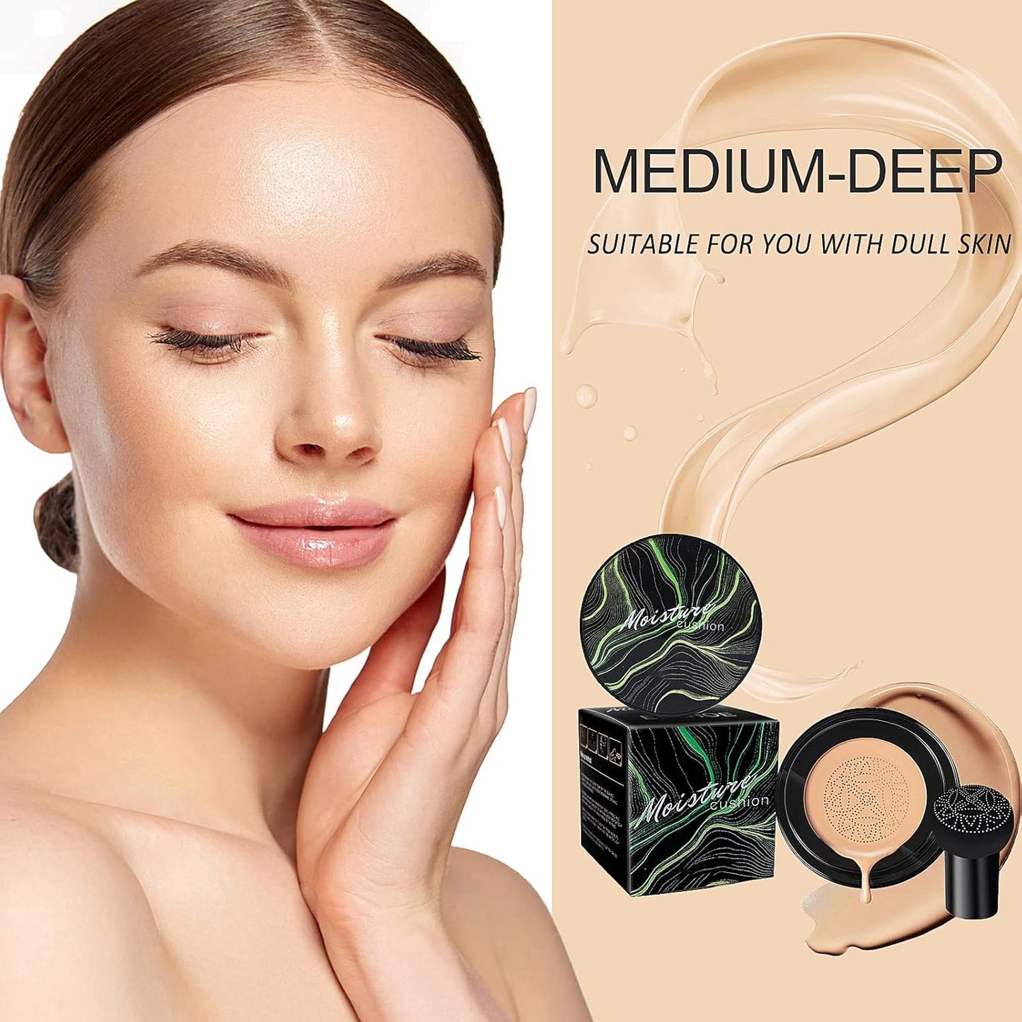 2 PCS Mushroom Head Air Cushion CC Cream - Long-Lasting Brightening BB Cream Foundation With Powder Puff for Face Makeup and Mature Skin (Buff Beige