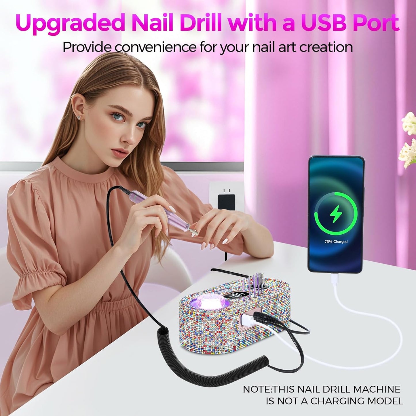 Nail Drill Electric File: DEDNMSCA Sparkly Professional Nail Drill Kit, 40000RPM E-file Machine with USB LED Light and 12 Drill Bits for Acrylic Nail Remove Gel Polish Manicure for Salon Home, Diamond