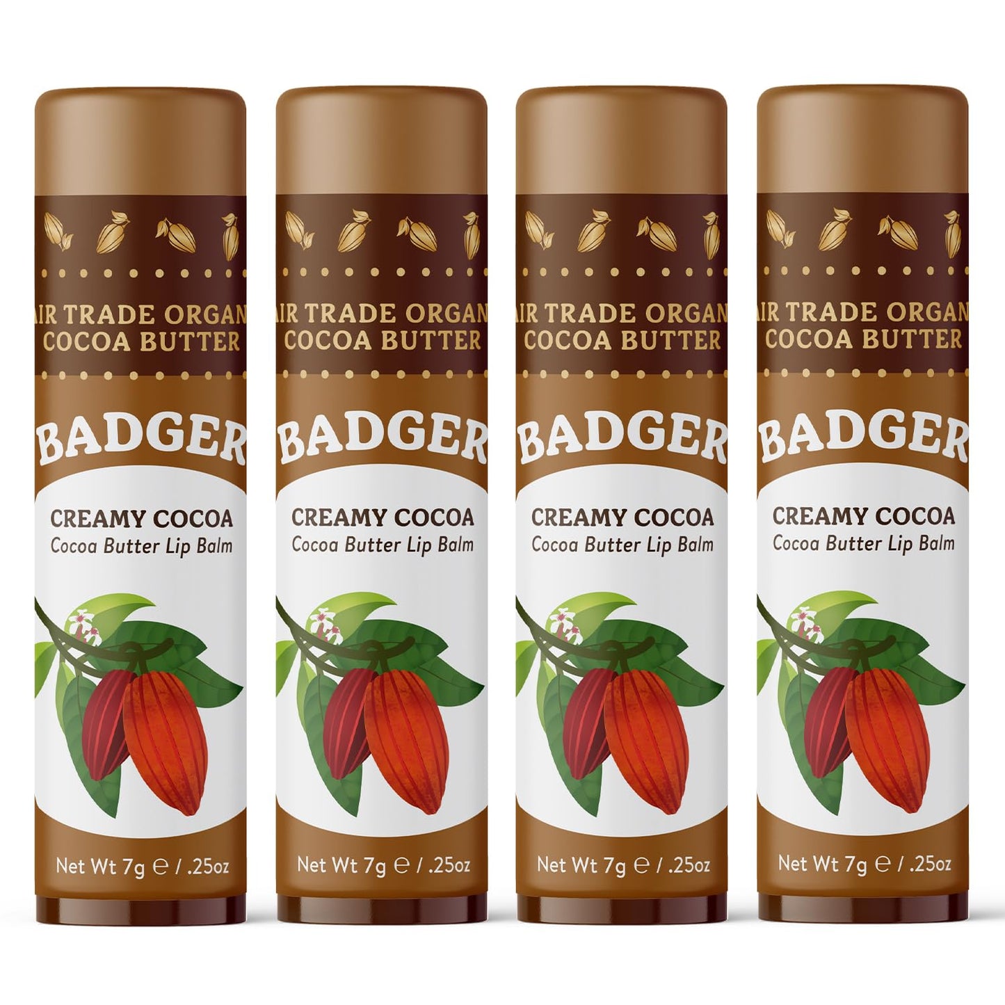 Badger Creamy Cocoa Cocoa Butter Lip Balm, Long Lasting Hydrating Lip Moisturizer, Fair Trade, Large Size Stick, 100% Organic Lip Care, 4-pack
