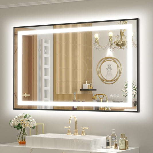 OKPAL 40x30 Framed LED Mirror for Bathroom, Black Lighted Bathroom Mirror with Lights, Front and Backlit LED Bathroom Vanity Mirror, Anti-Fog, Dimmable, Shatterproof, Memory, ETL Listed