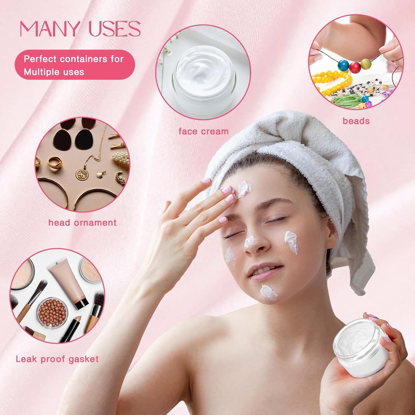 SATINIOR 100 Pcs Plastic Jars with Lids Small Containers Lids Wide Mouth Small Plastic Containers for Lotion Cream Rhinestones Body Butters Travel Storage(8 oz, Pink)