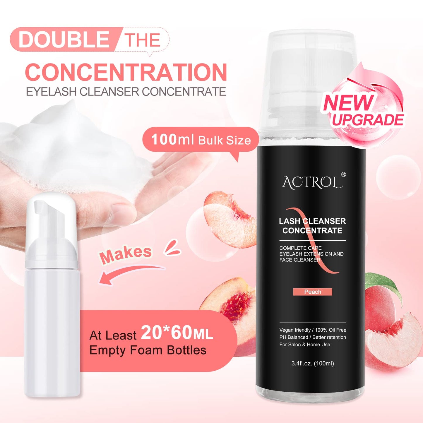 Eyelash Cleanser Concentrate 100ml Peach Professional Lash Shampoo Foaming Cleanser DIY Paraben & Sulfate Free Non-lrritating Wash for Extensions Lashes with Salon Care-Makes 20 Bottles