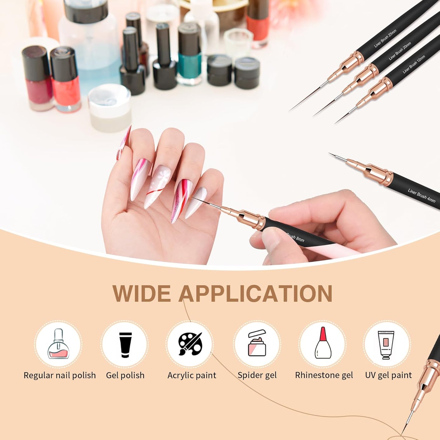 Metallic Nail Art Brushes, 5Pcs Nail Art Liner Brushes, Painting Art Design Brush Set Nail Dotting Drawing Tool for Long Lines, Thin Details, Fine Drawing Sizes 4/8/12/20/25mm, Black