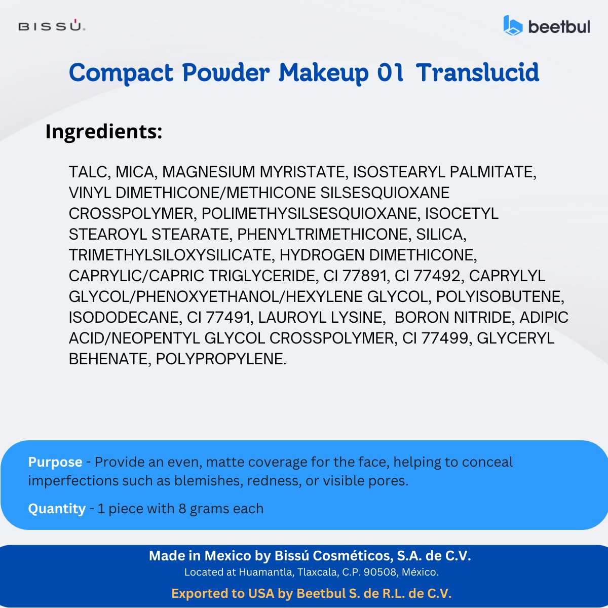 Beetbul Makeup & Exfoliation Kit - Bissú Compact Powder + 1 Medium Velvet Puff + 2 Finger Puffs + 1 Facial Exfoliating Sponge (01 Translucid, One Size)