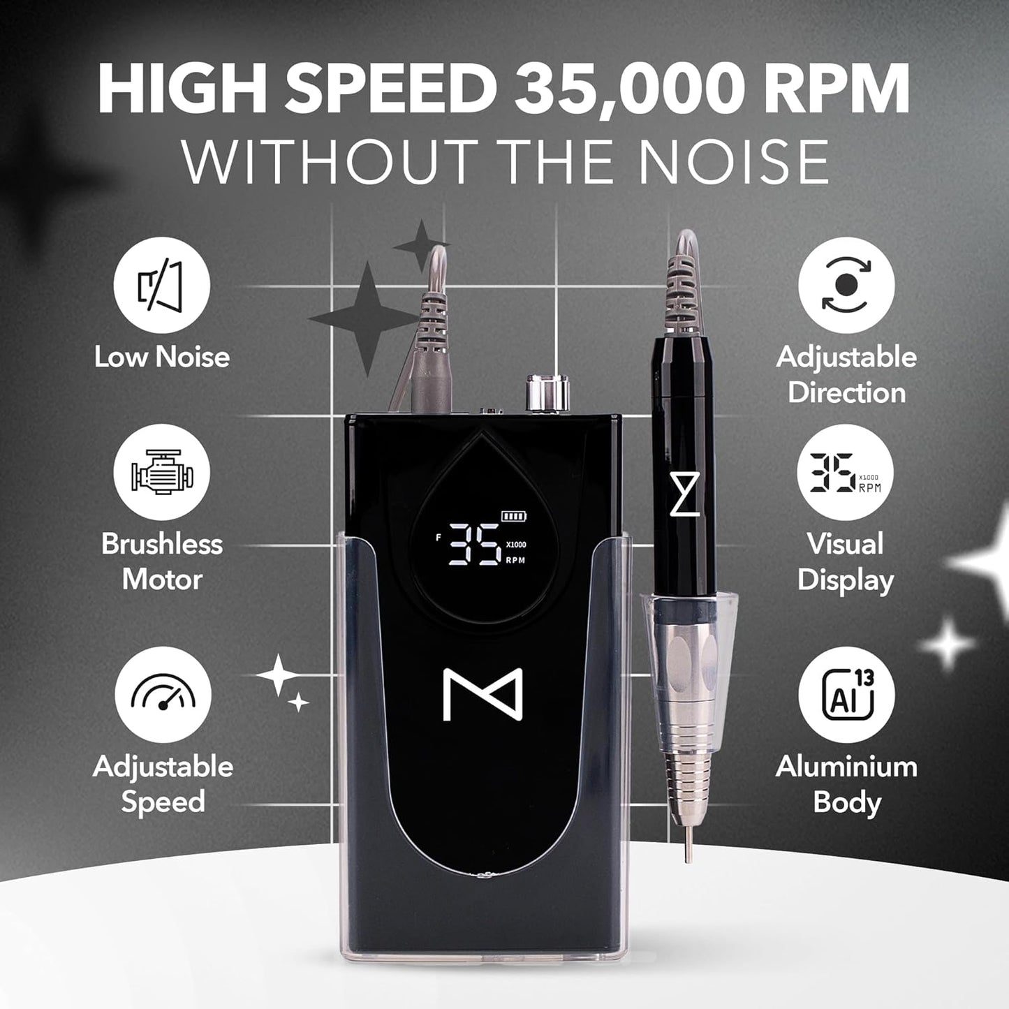 M Max - Professional Nail Drill Machine - 2-in-1 Brushless Motor Nail File - Electric, Cordless, Aluminium Alloy Casing, 35000 RPM, HD Display - Perfect for Salon & Home Use (Black)