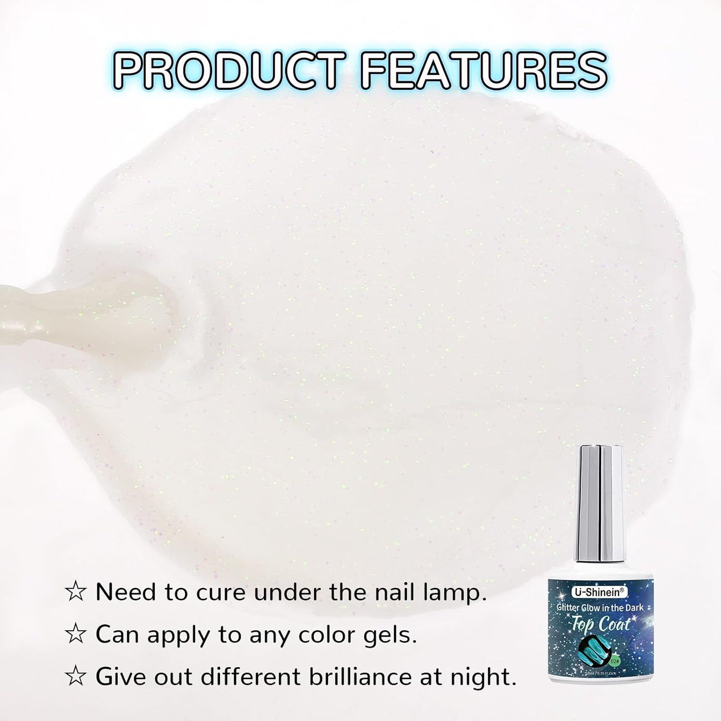 Glow In The Dark Gel Polish - Glitter Luminous Blue Nail Gel Top Coat with Fine glitter decoration No Wipe Long-lasting Transparent Glow UV LED Needed, Perfect for Any Festival Halloween