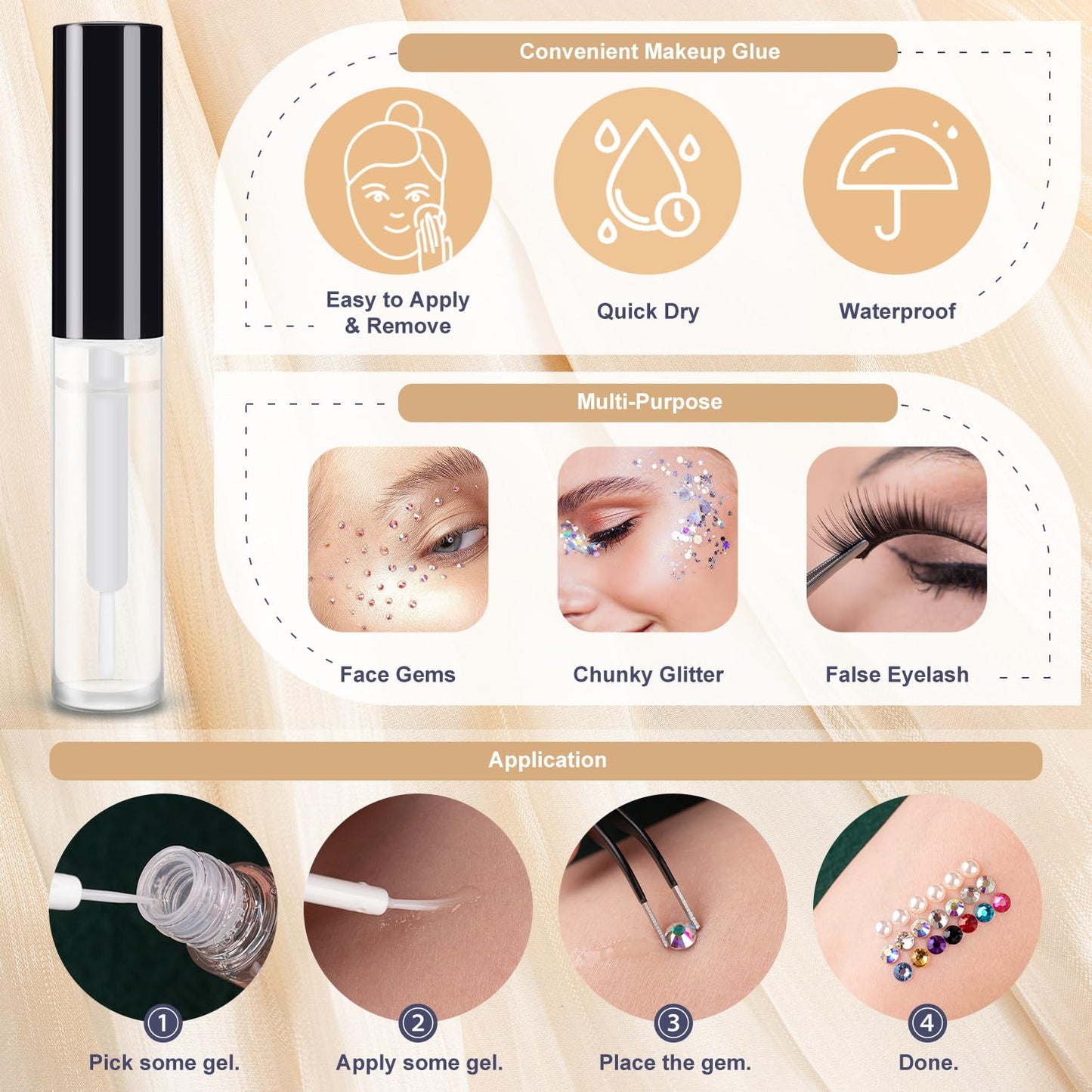 Colorful Face Gems for Makeup Set, Flatback Gorgeous Charming AB Glass Rhinestone with Makeup Glue+Picker Pencil+Tweezer for Eye Body Hair Make-up and Nail Art Deco