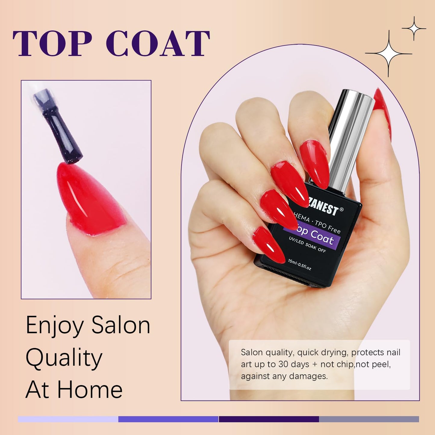 FZANEST Gel Top Coat HEMA-Free, No Wipe Top Coat Nail Polish Smooth High Shine Gel Finish Soak Off UV LED