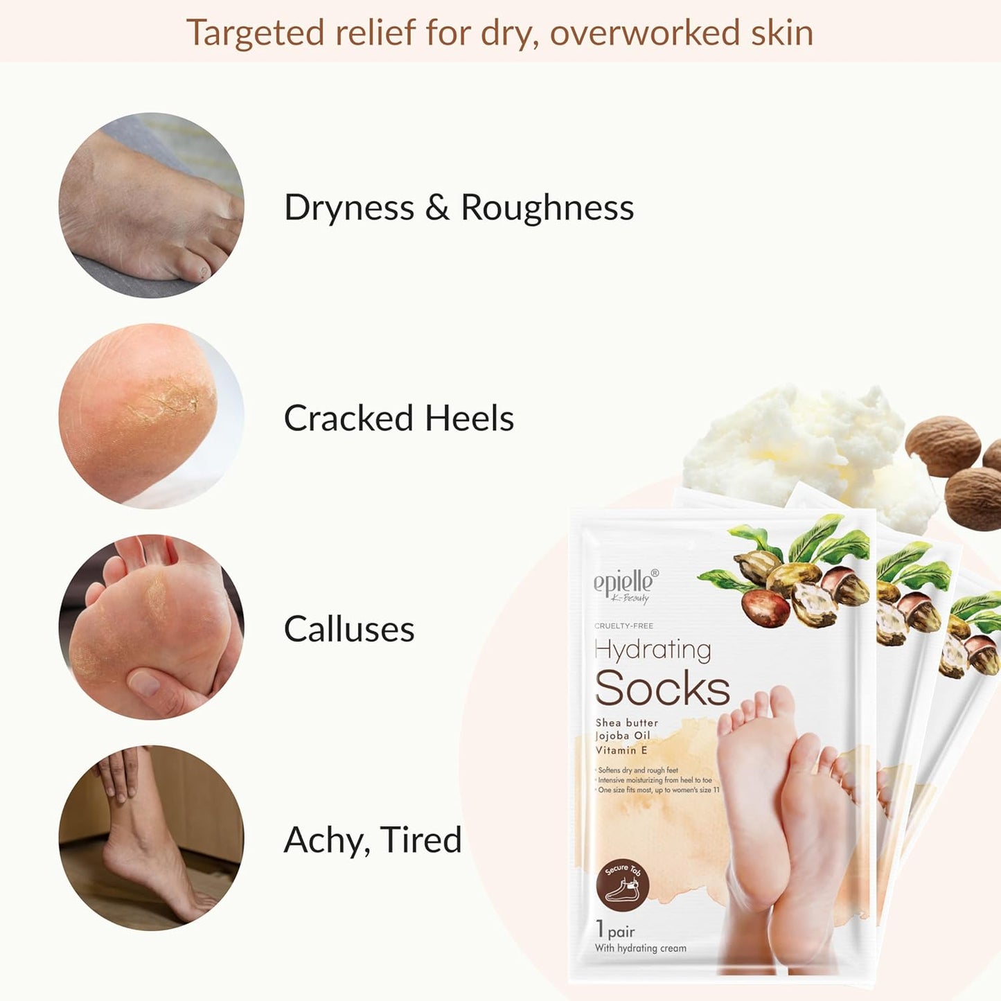 Epielle Hydrating Foot Masks 6 Pairs, Deep Moisturizing Socks for Dry Feet & Cracked Heels, Relieve and Soften with Shea Butter & Jojoba Oil, Korean Skin Care, Spa Set, Self Care Gifts for Women