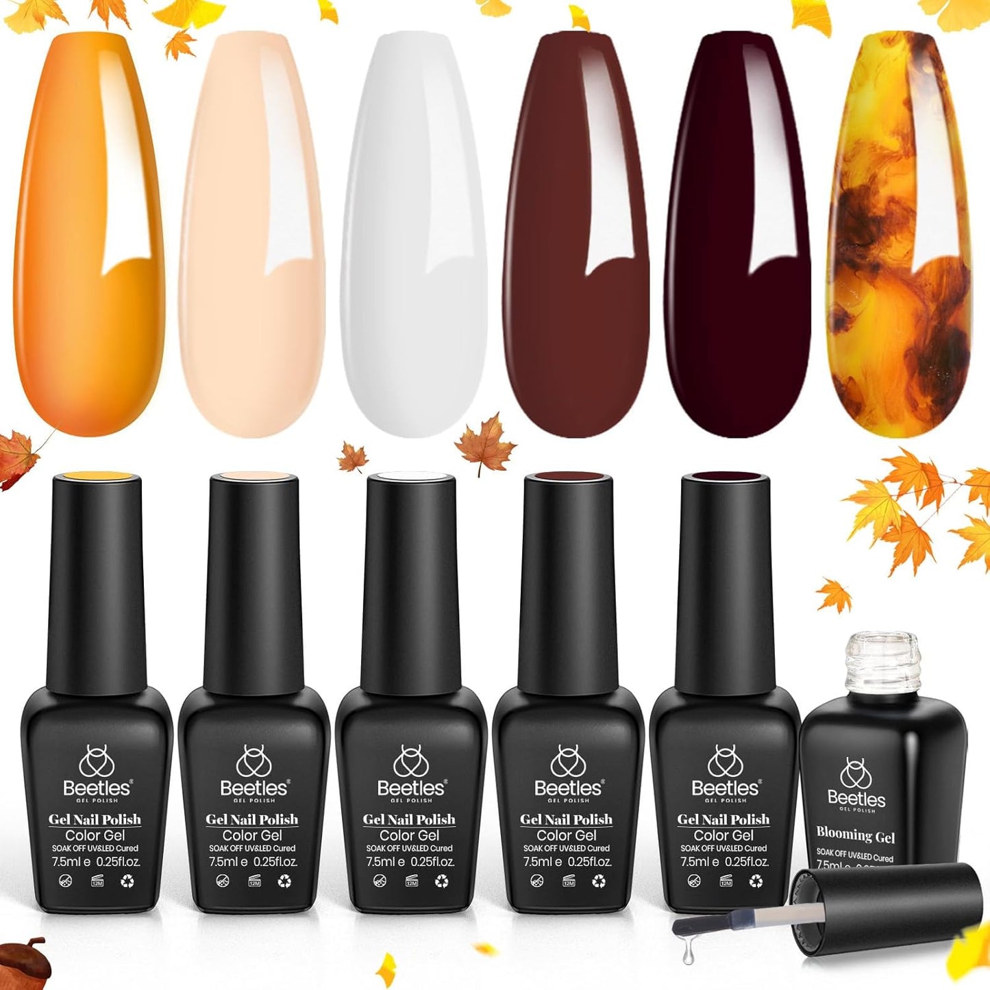 Beetles Fall Gel Polish with Blooming Gel - Amber Attraction 5 Colors Brown Gel Polish White Wine Fall Color Nail Polish Set Clear Blooming Polish Soak Off Uv Nail Art Gfit Set for Women