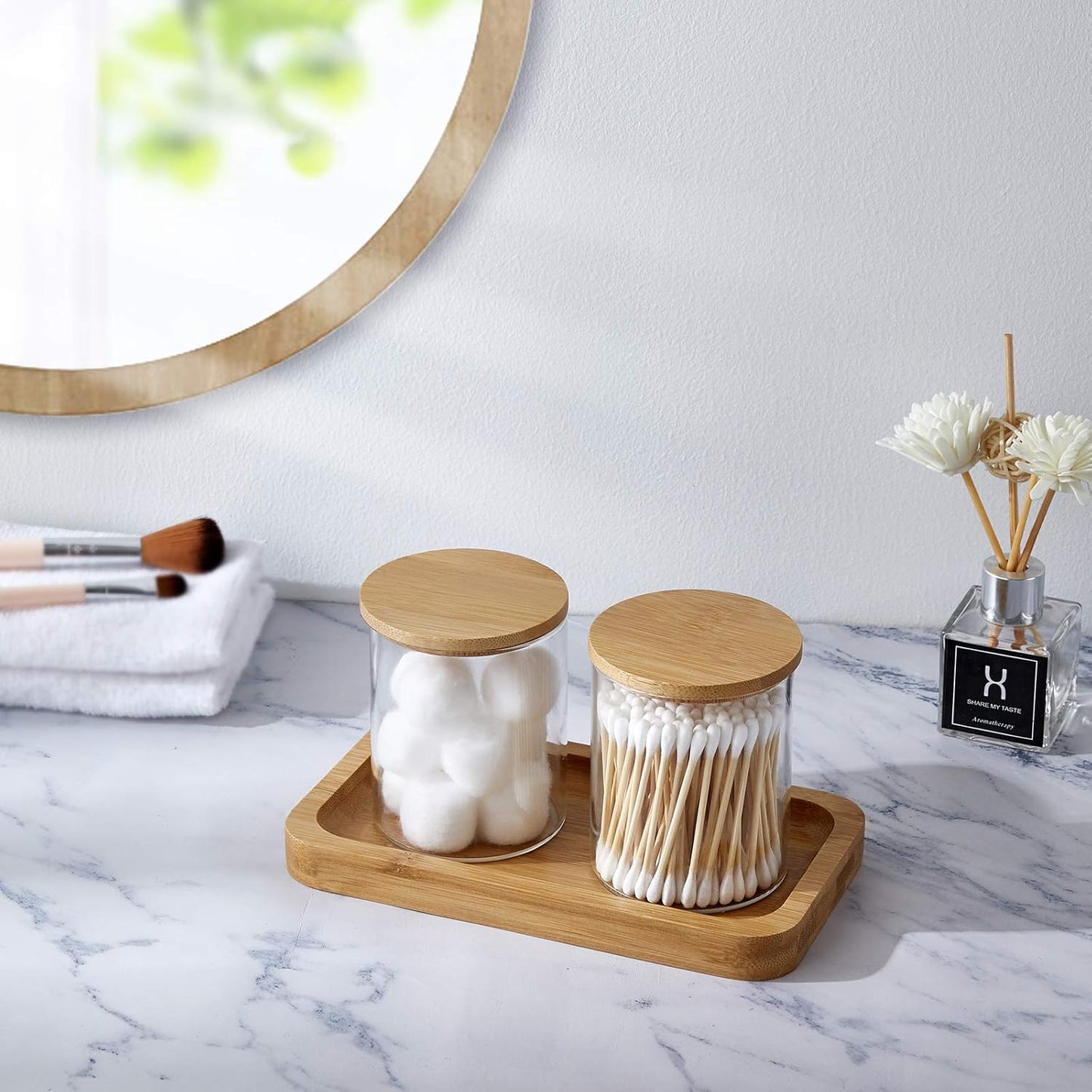 Glass Qtip Holder with Vanity Tray, Apothecary Jars Bathroom Accessories Bathroom Canisters Organizer Countertop Q Tip Holder for Cotton Ball Round Swab Pad Hair Ties Floss Perfume Jewelry