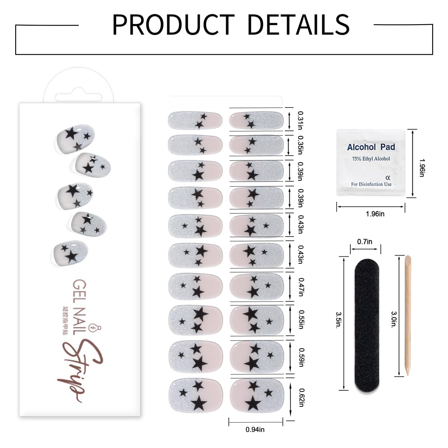 WOKOTO 1 Sheet Semi Cured Gel Nail Strips With Wood Stick, Nail File & Prepared Pads, 20 Tips Star & Glitter French Semi Cured Nail Polish Strips, Harden With UV Light Gel Nail Stickers Wraps