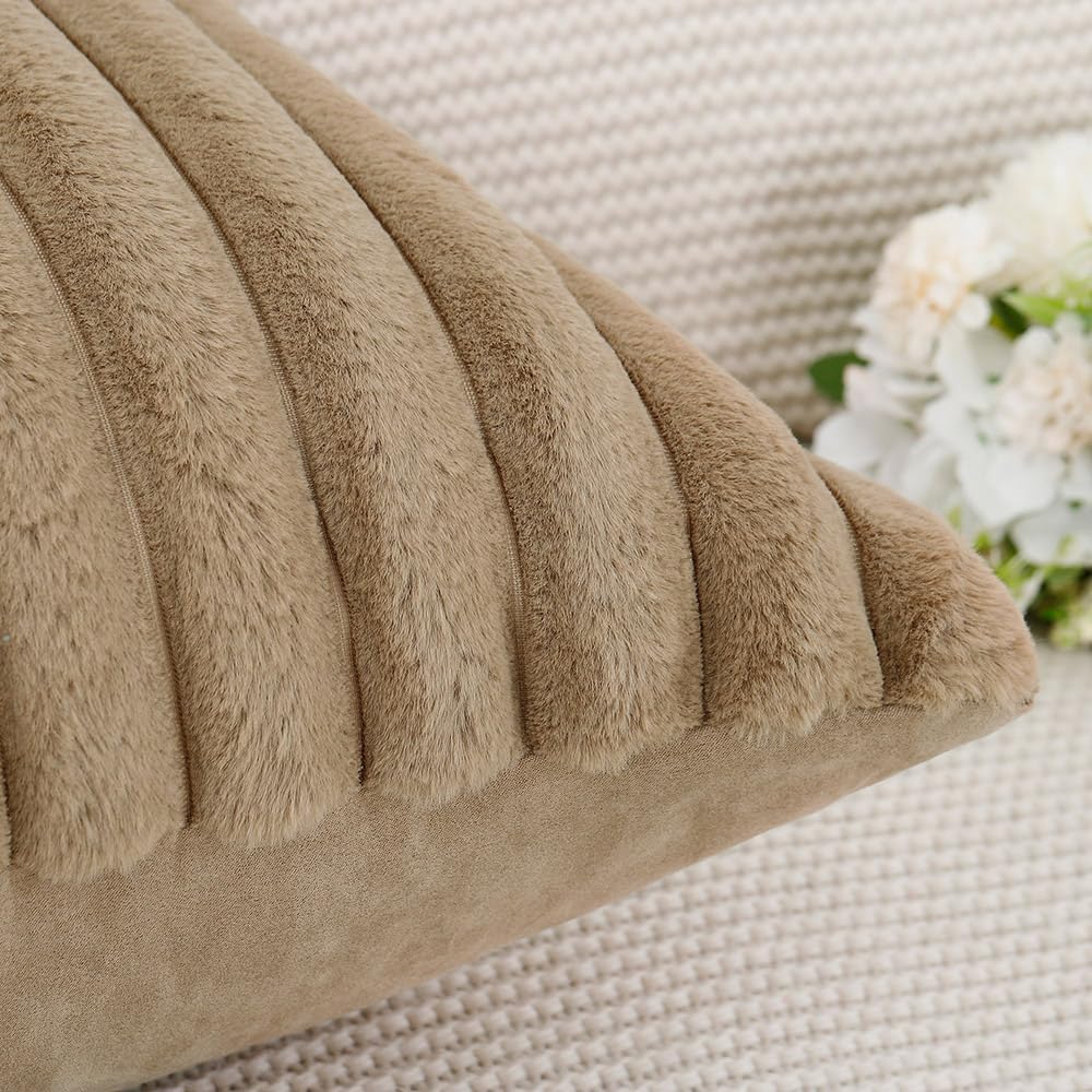 MADIZZ Set of 2 Faux Wool Plush Decorative Throw Pillow Covers 20x20 Inch Brown Fluffy Striped Soft Decorative Cushion Cover for Sofa Bedroom Pillow Shell