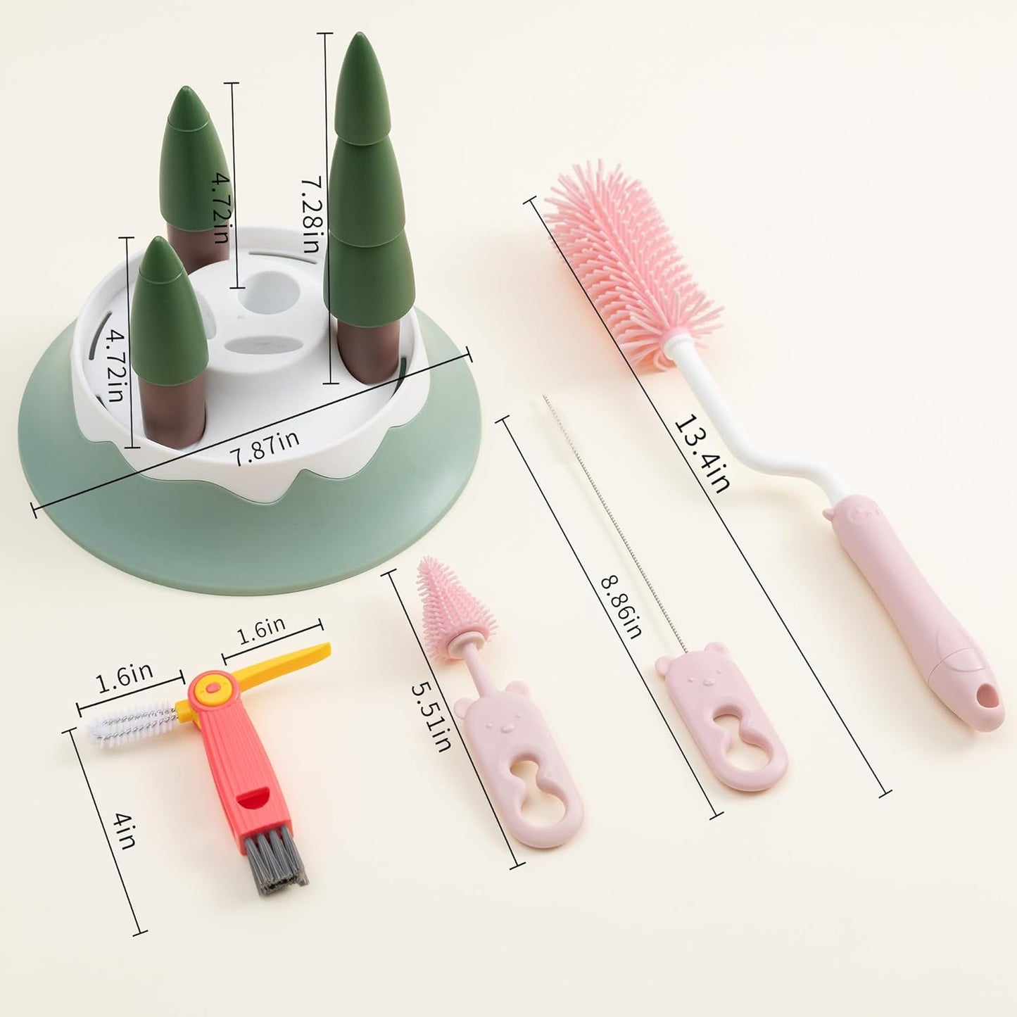 Baby Bottle Drying Rack and Cleaning Set, with Spinning Silicone Baby Bottle Brush, Pacifier Brush, Straw Brush, Cup Lid Cleaning Brush, 2025 Xmas Holiday Surprise Gift for Newmom, Pink