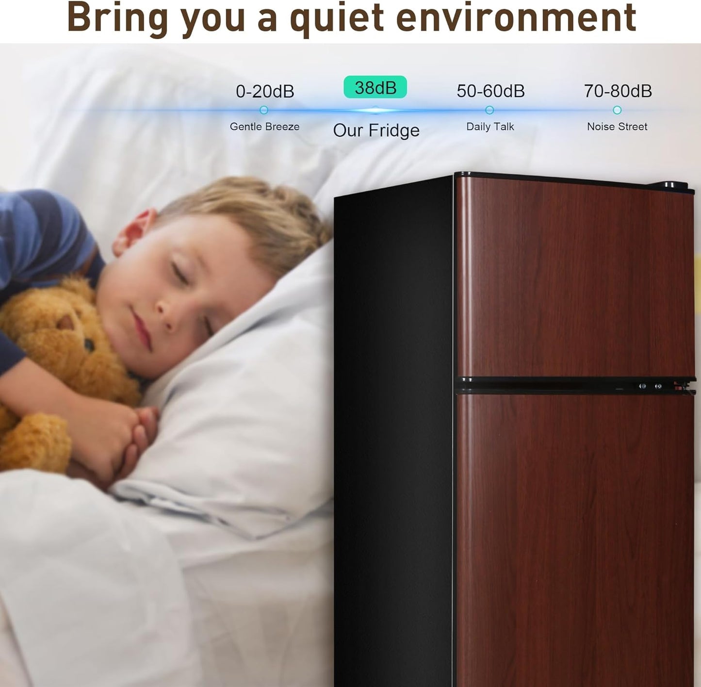 Mini Fridge with Freezer, 3.2 Cu. Ft. Small Fridges with Freezer, Refrigerators Adjustable Thermostat, Apartment Size Refrigerator with Freezers for Office, Apartment, Dorm, Kitchen, Wood