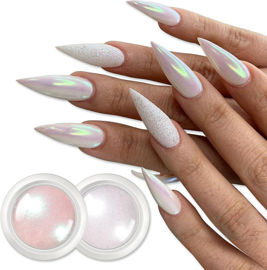 BORN PRETTY White Pearl Chrome Nail Powder And Chameleon Aurora Nail Powder Pigment Mermaid Pigment Pearl Glitter Dust Kit,Nail Art Decoration 2Boxes