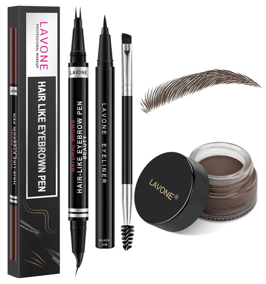 LAVONE Hair-Like Eyebrow Pen Makeup kit, Eyebrow Pencils for Women with Waterproof Microblading Eyebrow Pencil, Eyebrow Pomade, Eyeliner and Eyebrow Brush, Create Full, Natural Brows, Black Brown