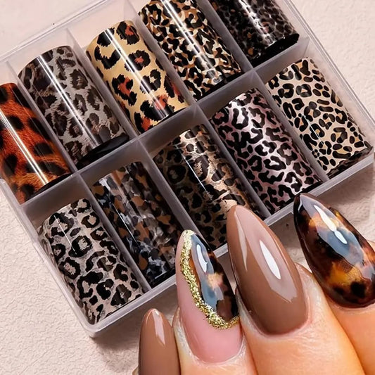 10 Rolls Leopard Print Nail Art Foils Transfer Stickers Animal Print Adhesive Decals Snake Cheetah Print Nail Foils Holographic Stickers Fall Nail Art Supplies for Women Autumn Nail Decorations