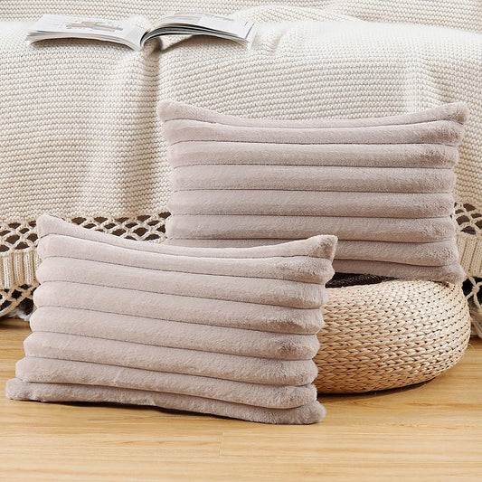 MADIZZ Set of 2 Faux Wool Plush Decorative Throw Pillow Covers 12x20 Inch Taupe Fluffy Striped Soft Decorative Cushion Cover for Sofa Bedroom Pillow Shell