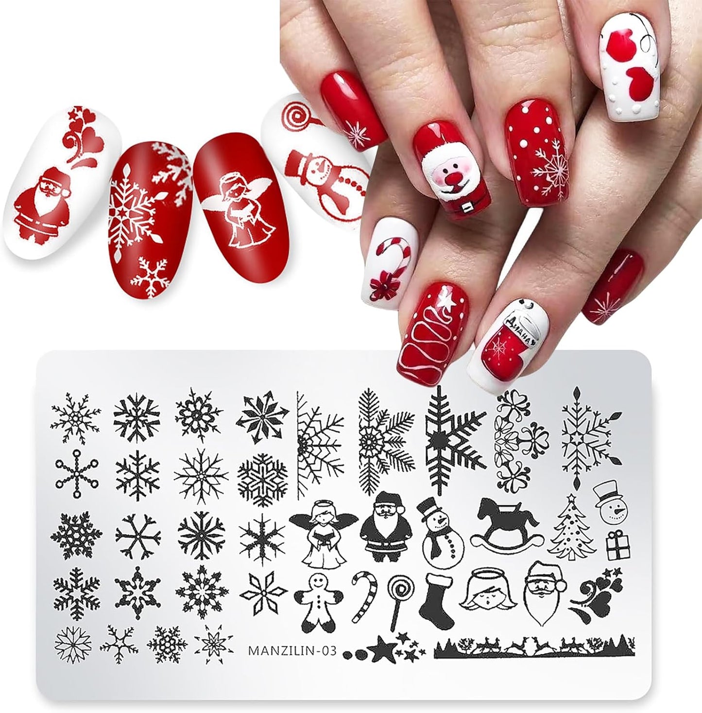 Christmas Nail Stamping Plates - Winter Stamp Kit with Snowflake, Santa Claus, Christmas Tree, Elk & Candy Bells Designs - DIY Stainless Steel Nail Image Polish Template Kit (8Pcs)