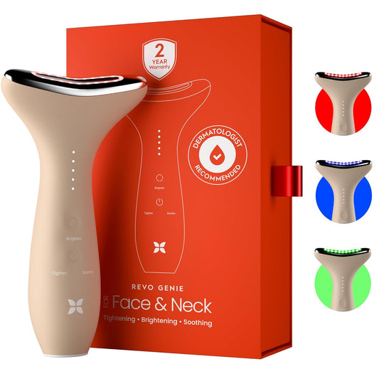 REVO Genie | Face & Neck Beauty Massager with Ultra Powerful LEDs for Wrinkles, Fine Lines, Puffy Skin, Uneven Skin Tone, Lymphatic Drainage, Lifting & Firming Facial Sculpting Tool with Light Therapy