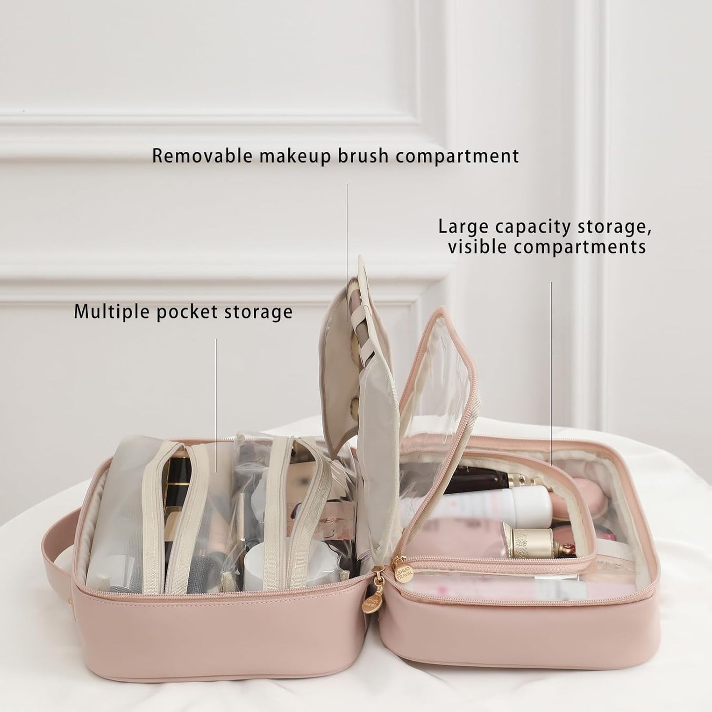 RIGHT AWAY Travel Toiletry Bag for Women, Makeup Bag& Cases, Waterproof Makeup Organizer Cosmetic Bag with Compartments,Portable Make Up Bag for Travel Size Toiletries,Skincare,Brushes Set,Pink