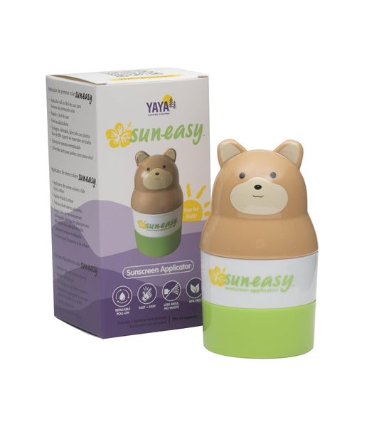 Sun-Easy Sunscreen Applicator, Refillable Roll-On with Sponge for Kids and Babies, Fun, Fast and Mess-Free application, Holds 100 ml, Bear/Green Cap