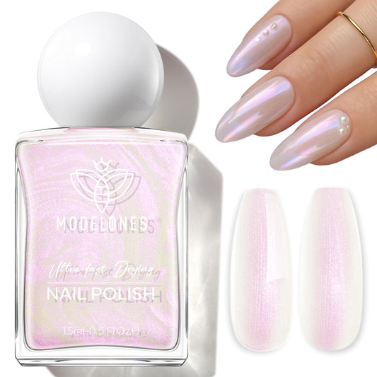 modelones Pearl Nail Polish, 15 ml Quick Dry Chrome Nail Polish Holographic Iridescent Shimmer Long Last Toe Fingernail Polish Nail Art Manicure Gift for Women Girls 0.5 Fl Oz