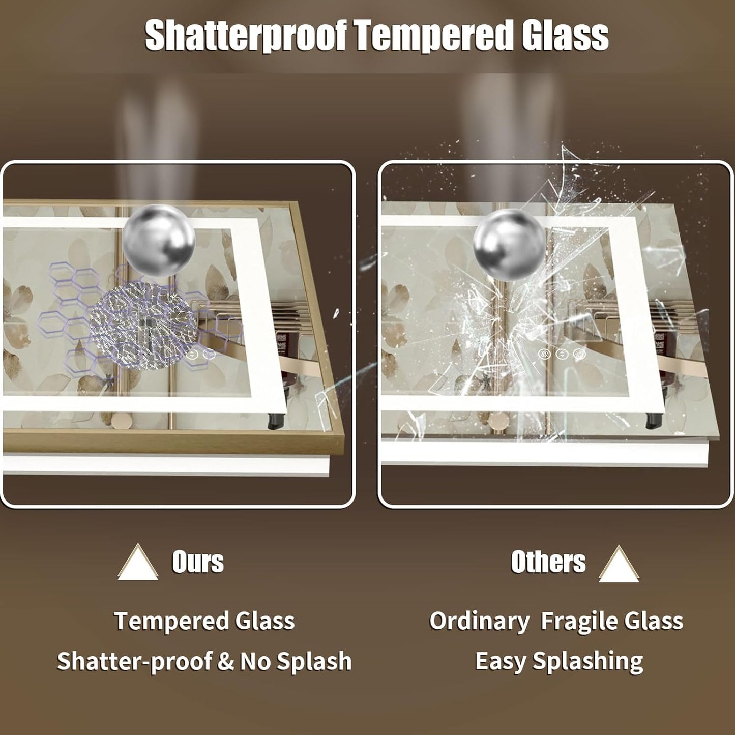 OKPAL 28x32 Gold LED Bathroom Mirror with Lights, Frontlit & Backlit Metal Framed Mirror, Lighted Bathroom Vanity Mirror, Anti-Fog, Dimmable 3 Colors, Shatterproof, Horizontal/Vertical