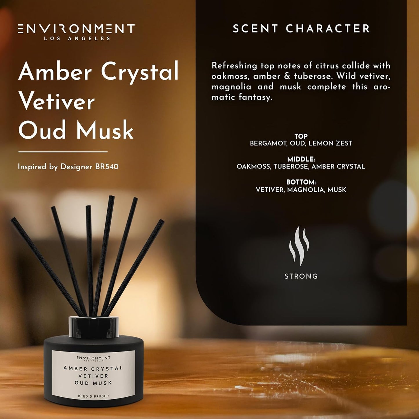 Environment Inspired by Designer Perfume BR540 Reed Diffuser, 200ml Luxury Scented Aromatherapy (Amber Crystal | Vetiver | Oud Musk) Reed Diffusers for Home, Diffusing Oil, Home Fragrance Products