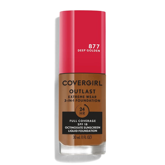 Covergirl Outlast Extreme Wear 3-in-1 Full Coverage Liquid Foundation, SPF 18 Sunscreen, Deep Golden, 1 Fl. Oz.