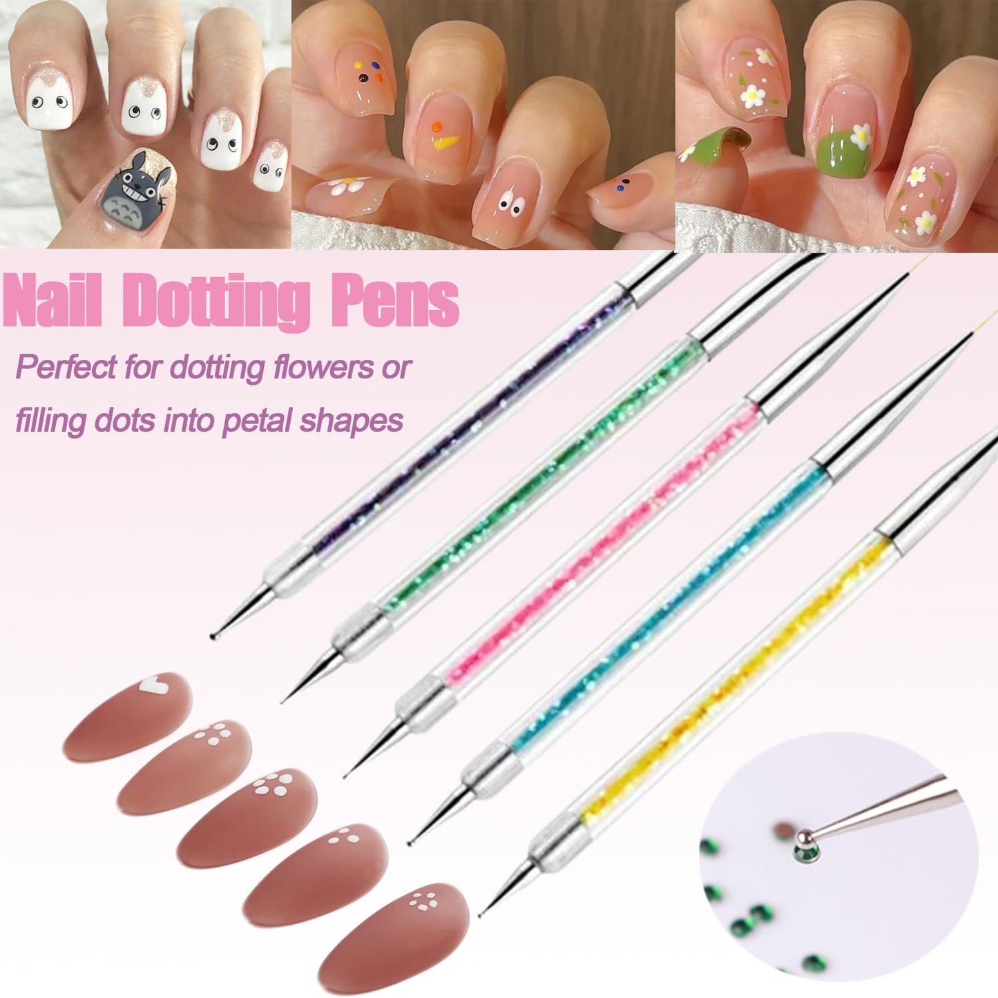 AIBEE Nail Art Brushes, 5pcs Double-Ended Acrylic Nail Brush Including 7/9/11mm Nail Liner Brush Flat Brushes and Nail Dotting Tools for Nail Art Design