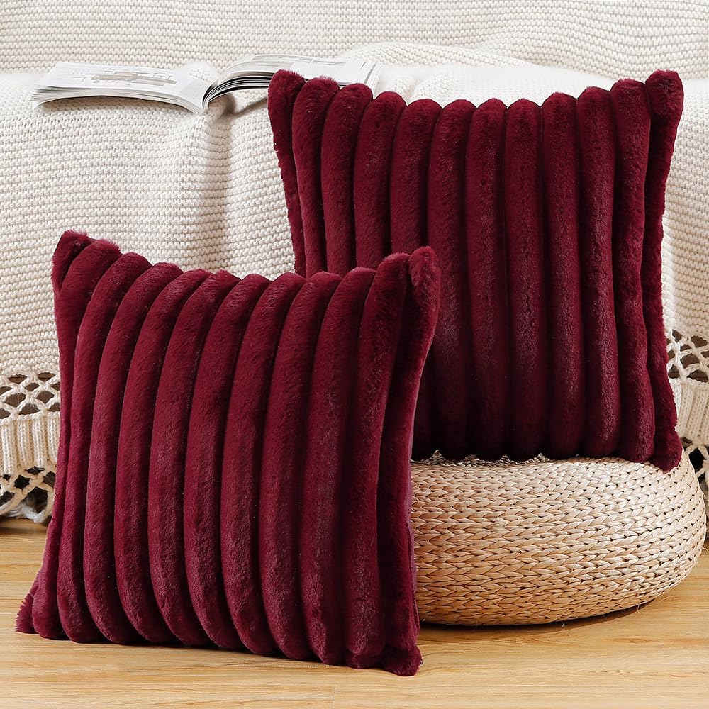 MADIZZ Set of 2 Faux Wool Plush Decorative Throw Pillow Covers 20x20 Inch Burgundy Fluffy Striped Soft Decorative Cushion Cover for Sofa Bedroom Pillow Shell