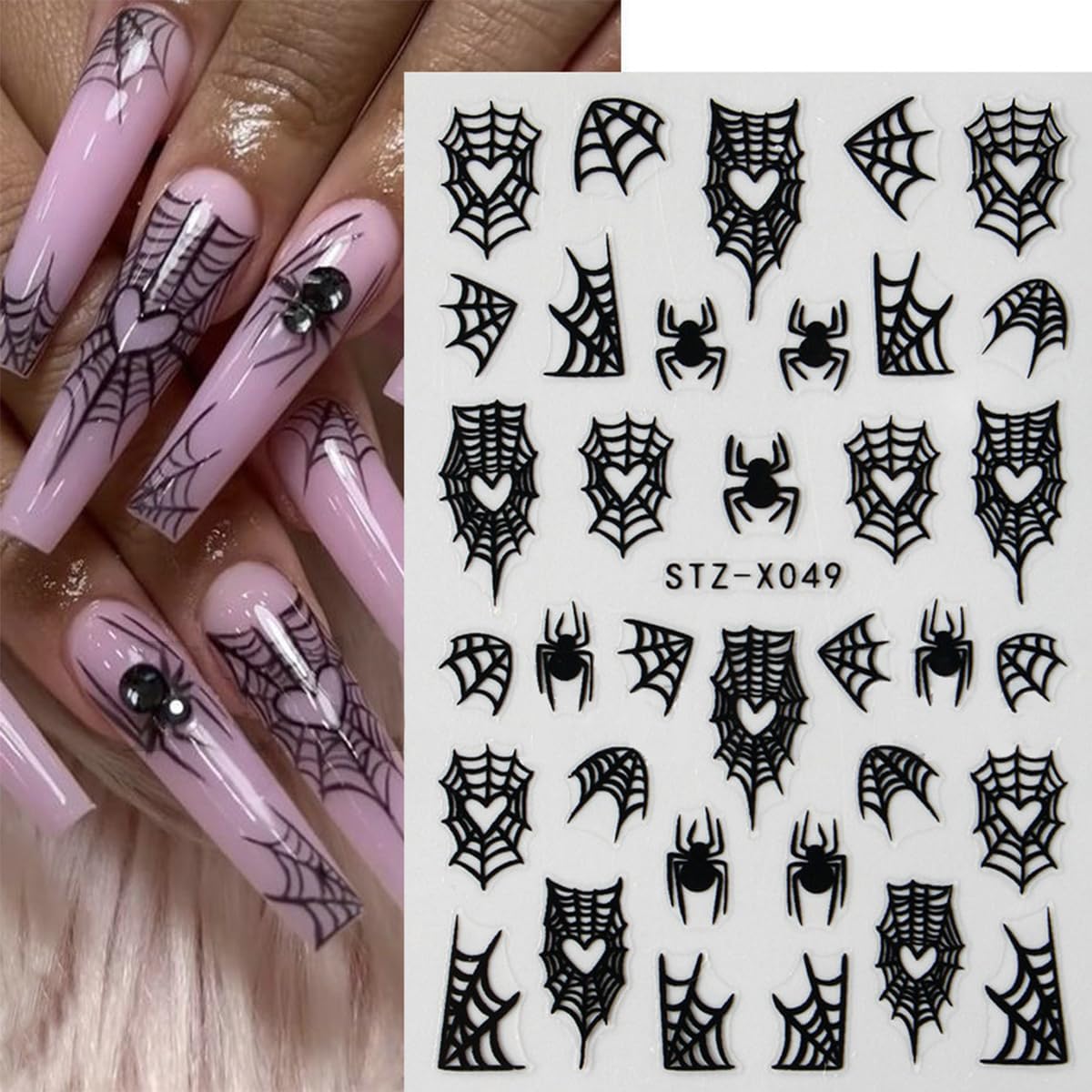8Sheets Halloween Nail Art Stickers Spider Web Nail Stickers for Nail Art 3D Self-Adhesive Nail Decals Gold Silver Black White Glitter Spiderweb Bat Spiders Nail Design Halloween Manicure Accessories
