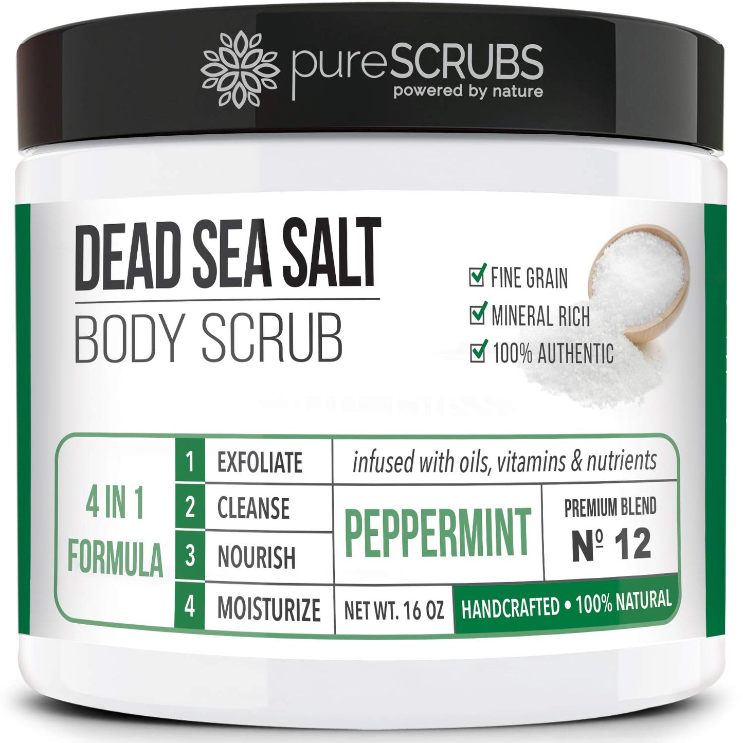 pureSCRUBS Premium Sea Salt Body Scrub Set - Large 16oz Peppermint Scrub With Infused Essential Oils & Nutrients, Includes Wooden Spoon, Loofah & Oatmeal Exfoliating Bar Soap
